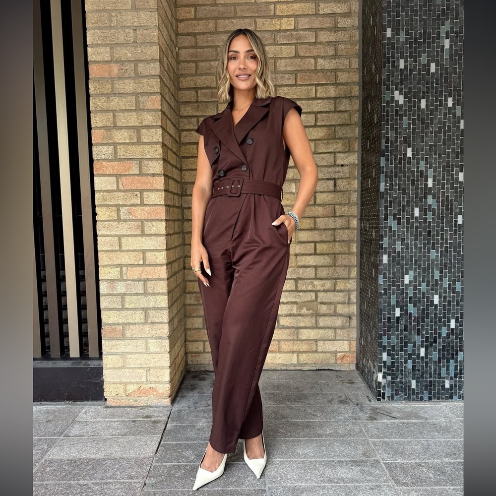 ZARA Brown Sleeveless Jumpsuit with belt - utility styling pockets - Large - Picture 10 of 11